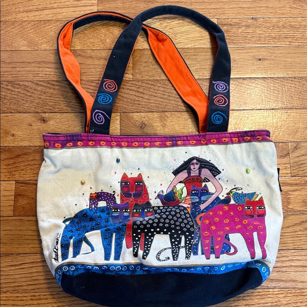 LAUREL BURCH Colorful Cat Purse Canvas Tote Shoulder Bag
